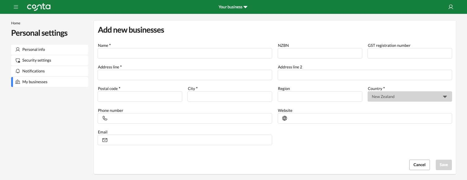 The add business page, where you enter your business information to add another business to Conta
