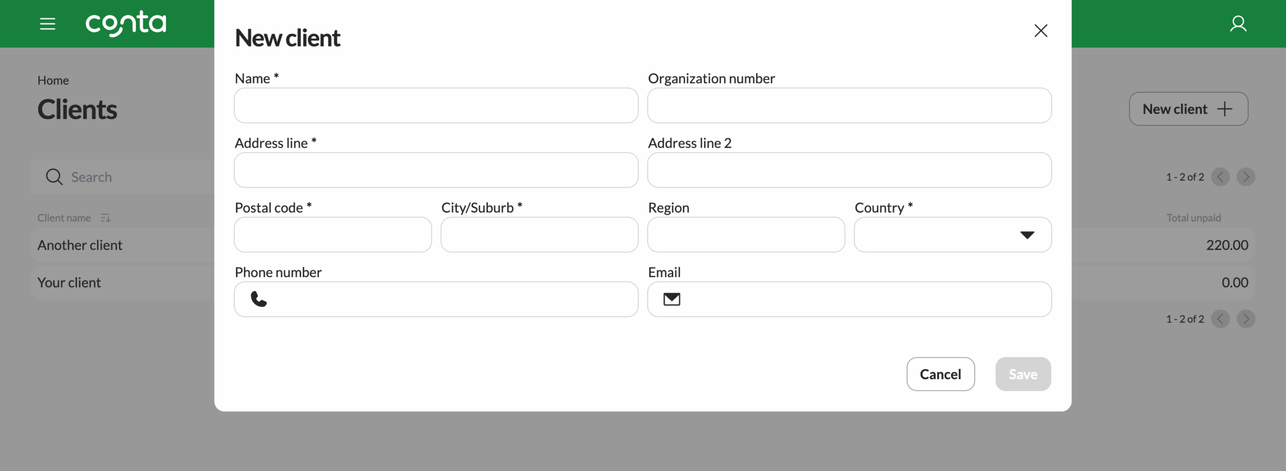 The new client-page in Conta, where you can add a client and save them to easily add to your invoices