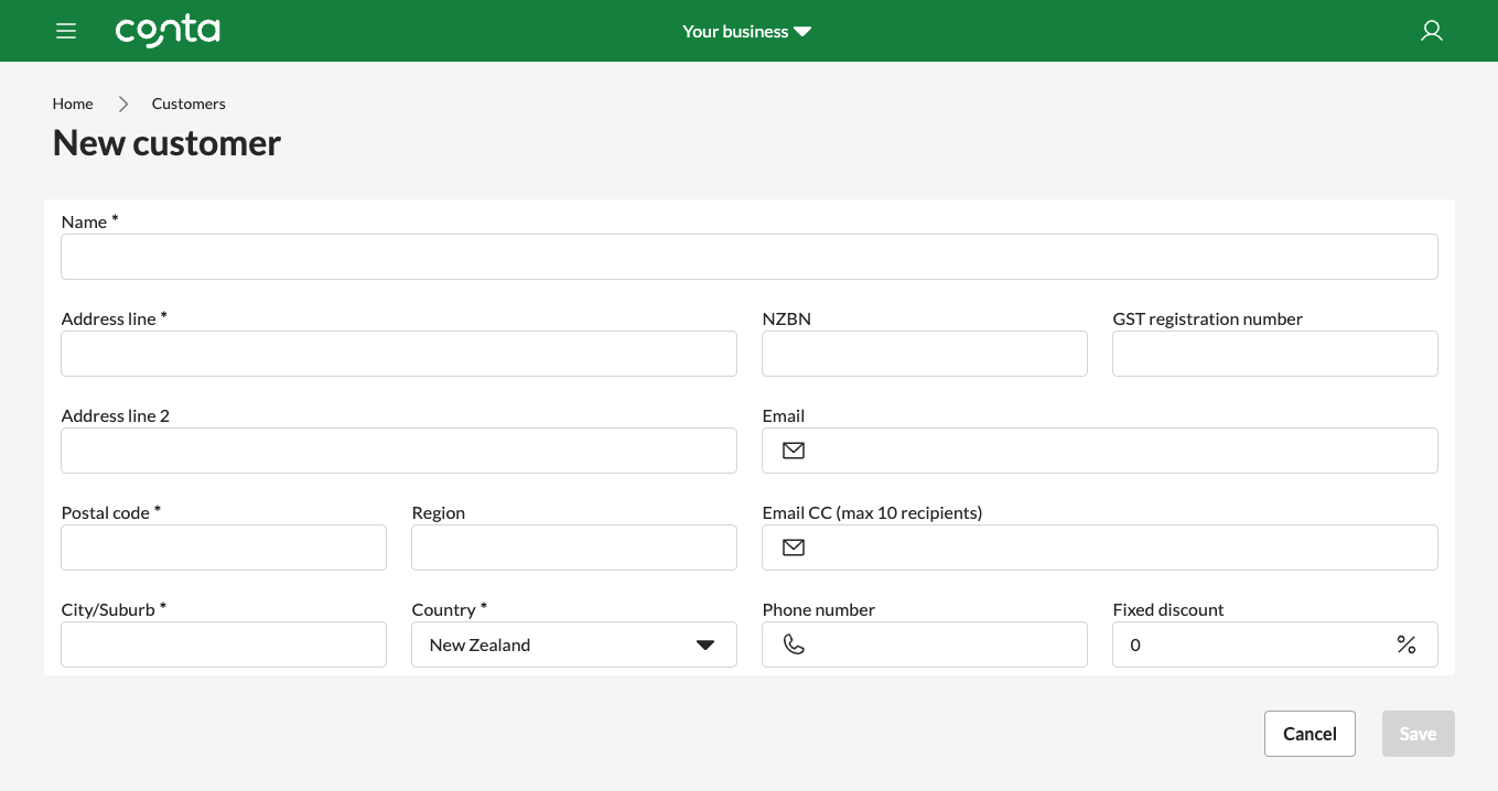 The new customer-page in Conta, where you can add a customer and save them to easily add to your invoices