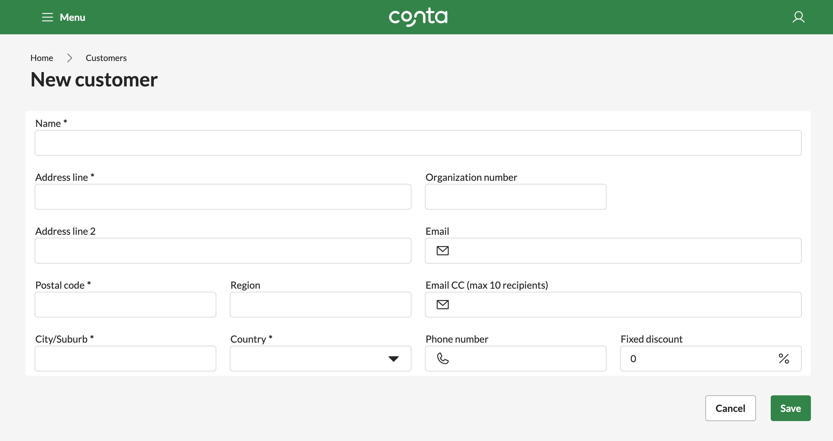 The new-customer page in Conta, where you can add customer information and save it to Conta