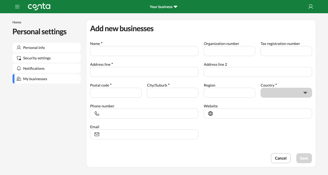 The add business page, where you enter your business information to add another business to Conta