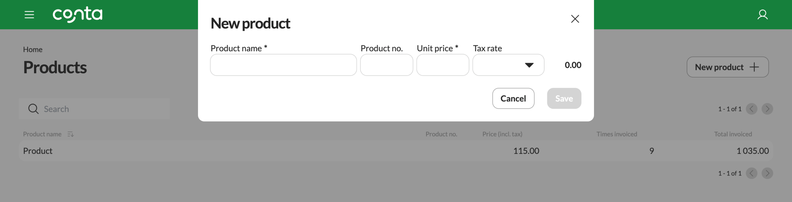 The new product-page, where you can enter product details and save them to Conta