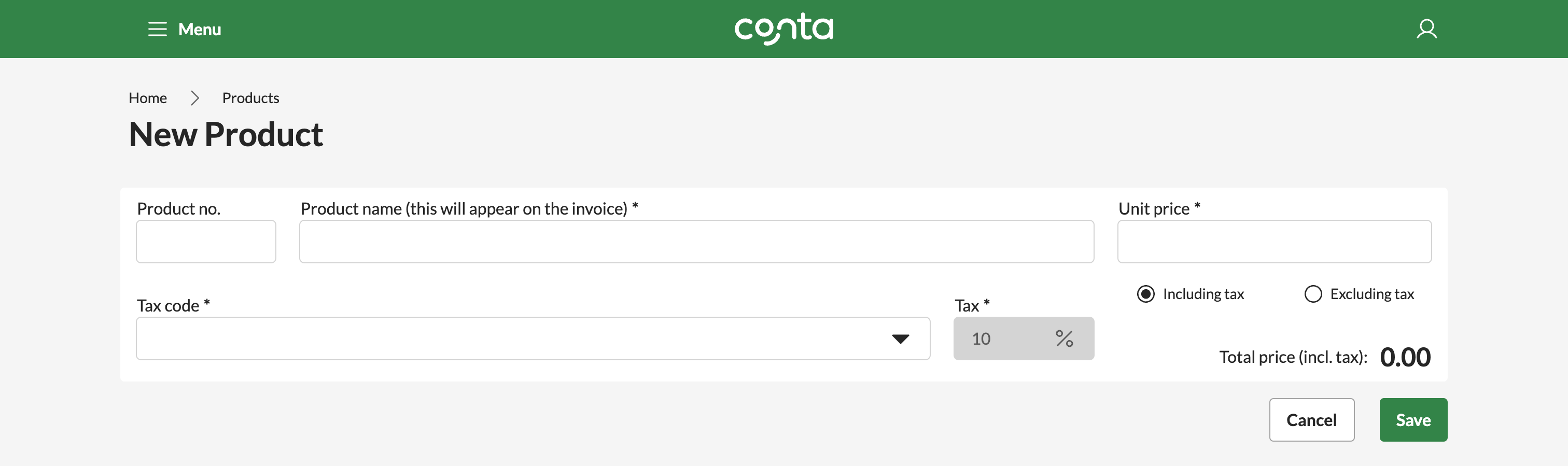 The new product-page, where you can enter product details and save them to Conta