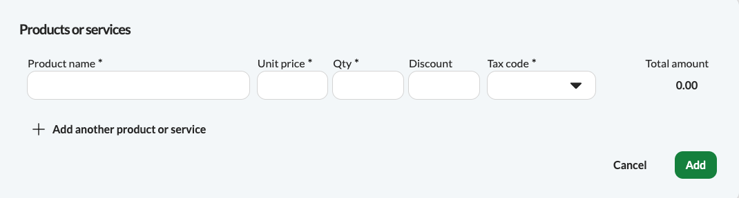 Fields showing product name, unit price, quantity, discount and tax code