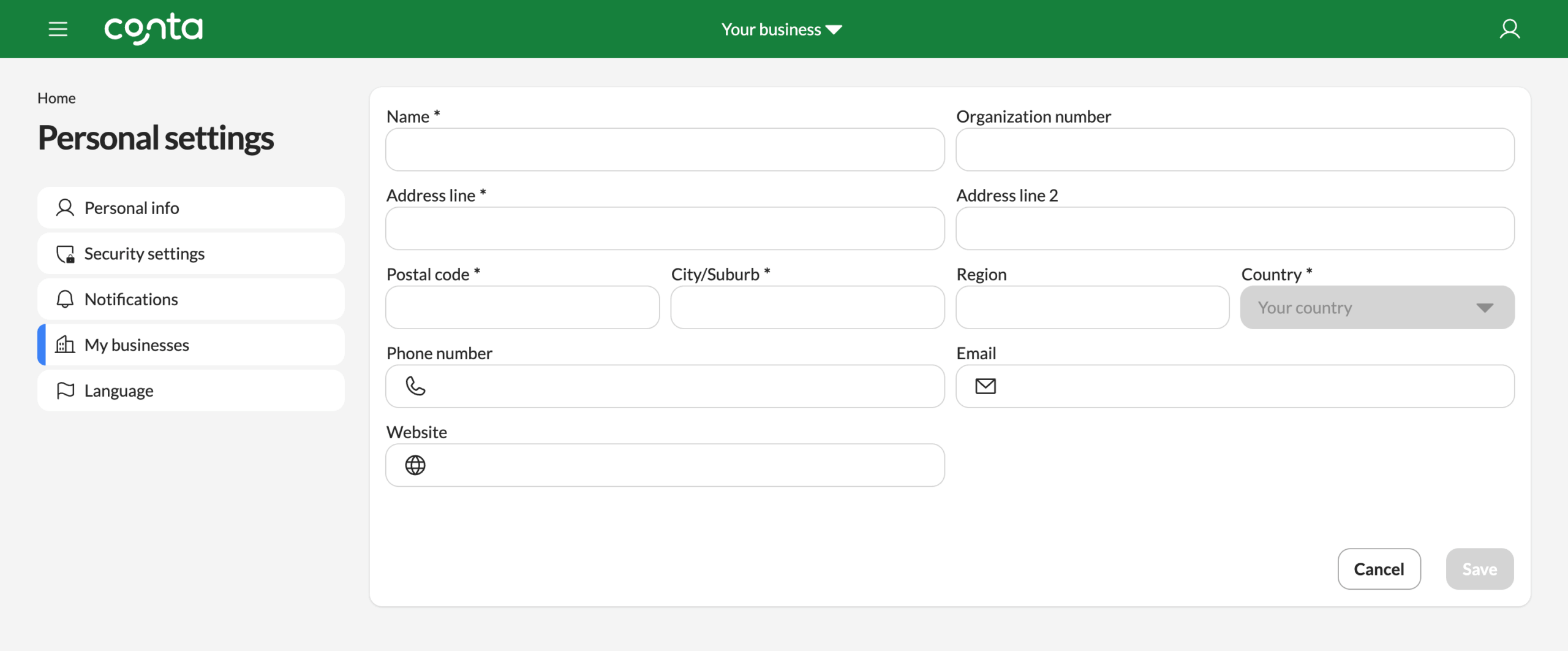 The add business page, where you enter your business information to add another business to Conta