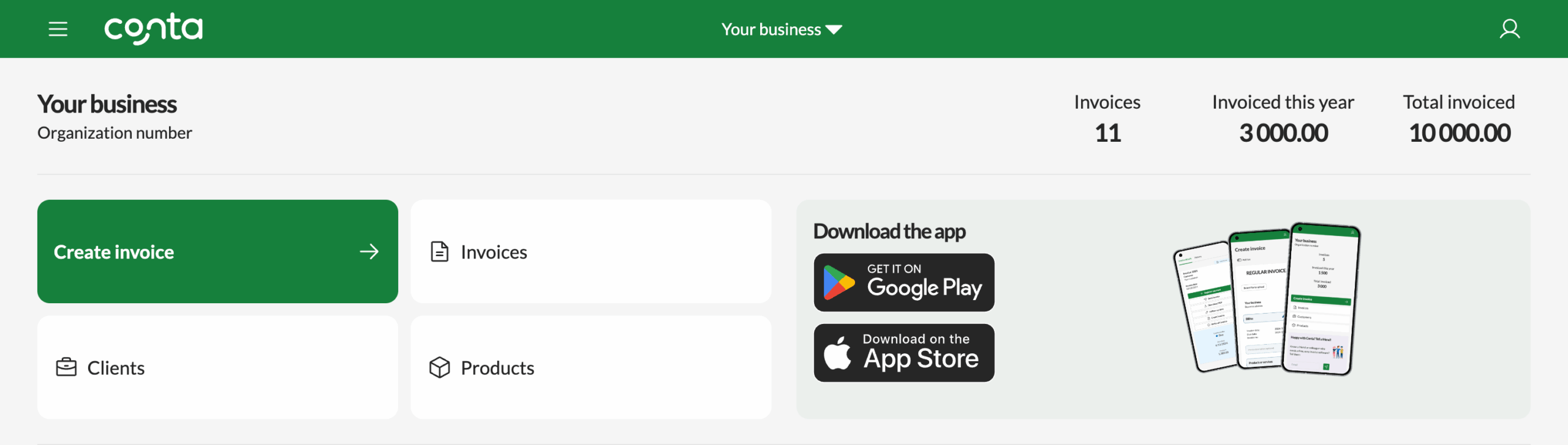The homepage in Conta showing statistics for your company