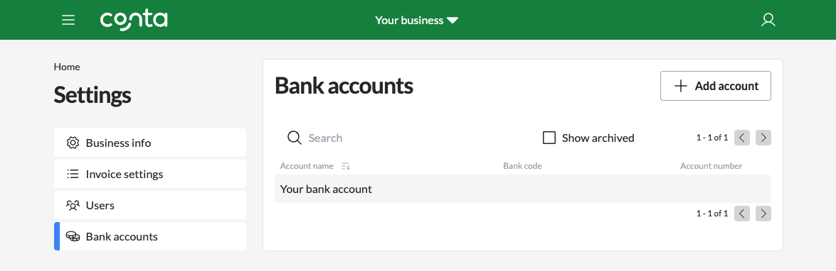 The business settings-page, where you can add payment details that will appear on your invoices