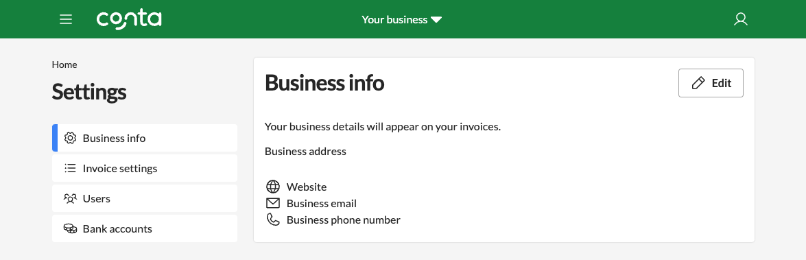 The business settings-page, where you can view and edit your business info.