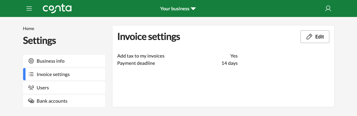 The business settings-page, where you can edit your invoice settings