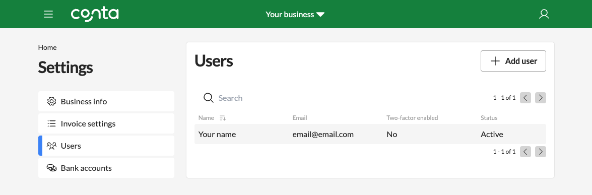 The business settings-page, where you can add more users to your business or remove users