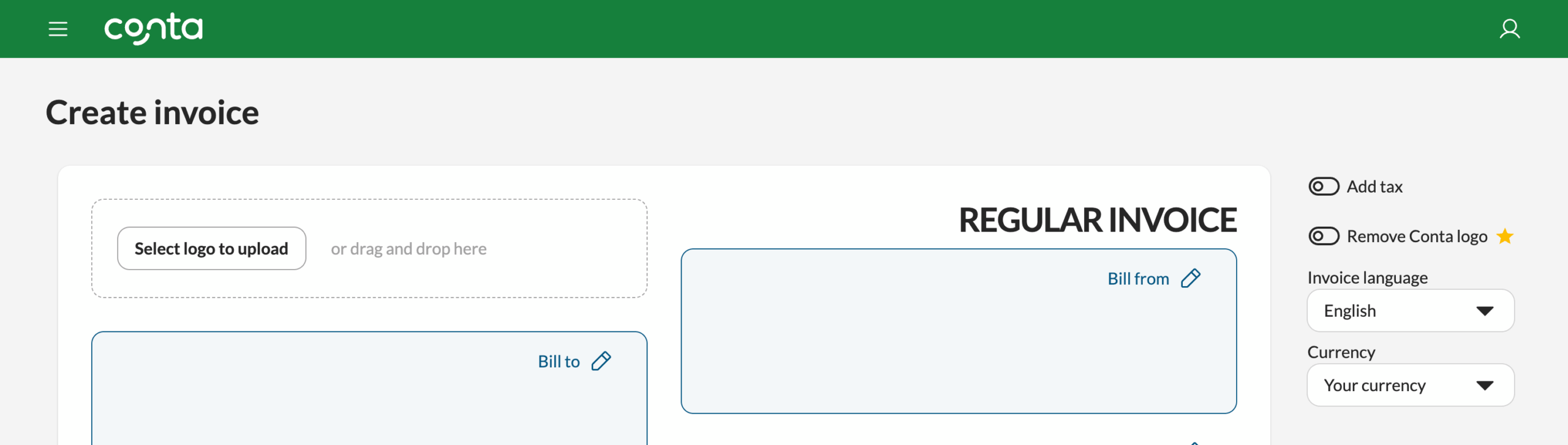 The invoice creator in Conta where you can change the language on your invoices