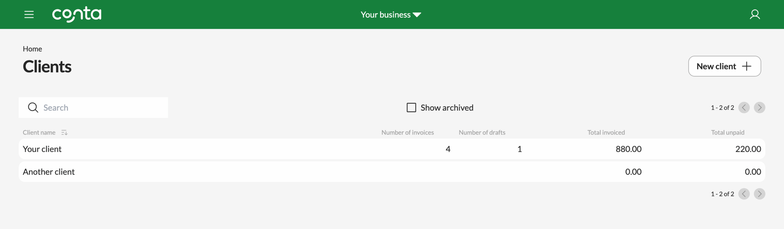 The client register in Conta, showing all your clients and their information