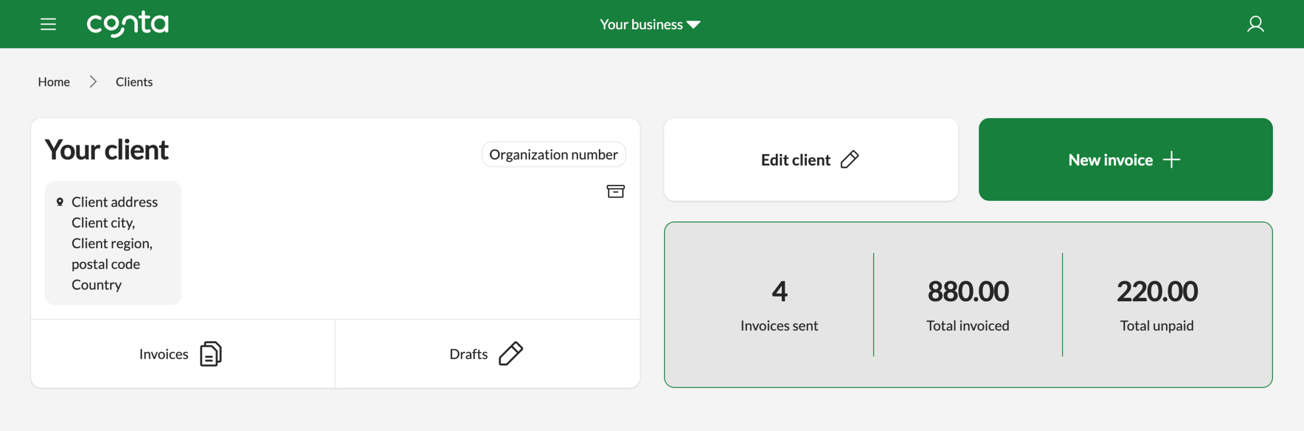 The client view in Conta, showing a specific client and the information you've added