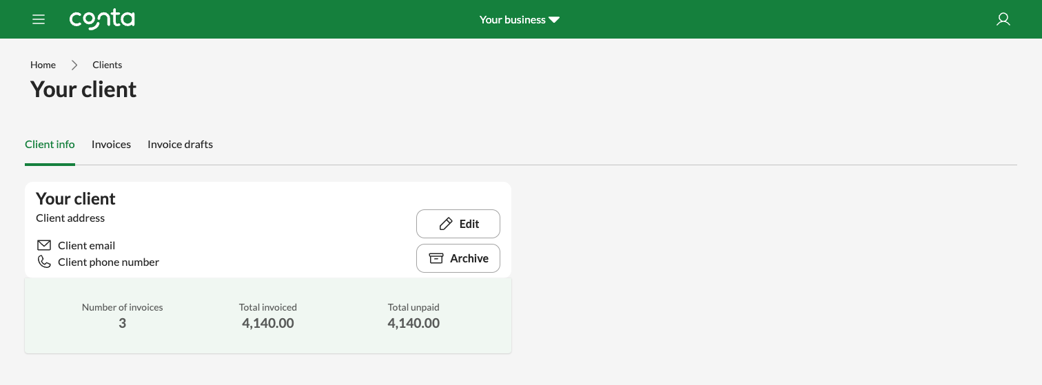 The client view in Conta, showing a specific client and the information you've added