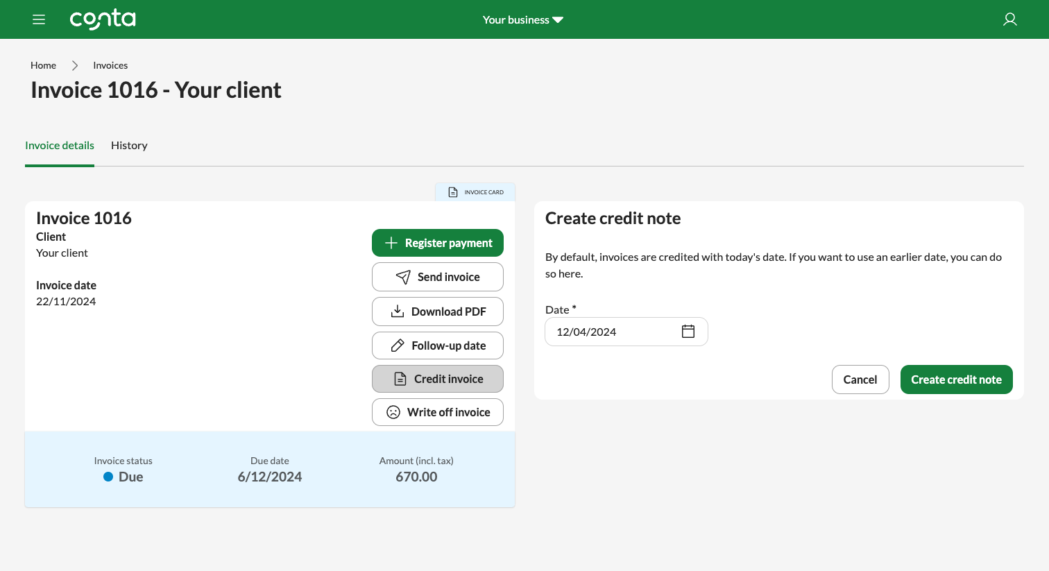 The invoice view in Conta, where you can create a credit note