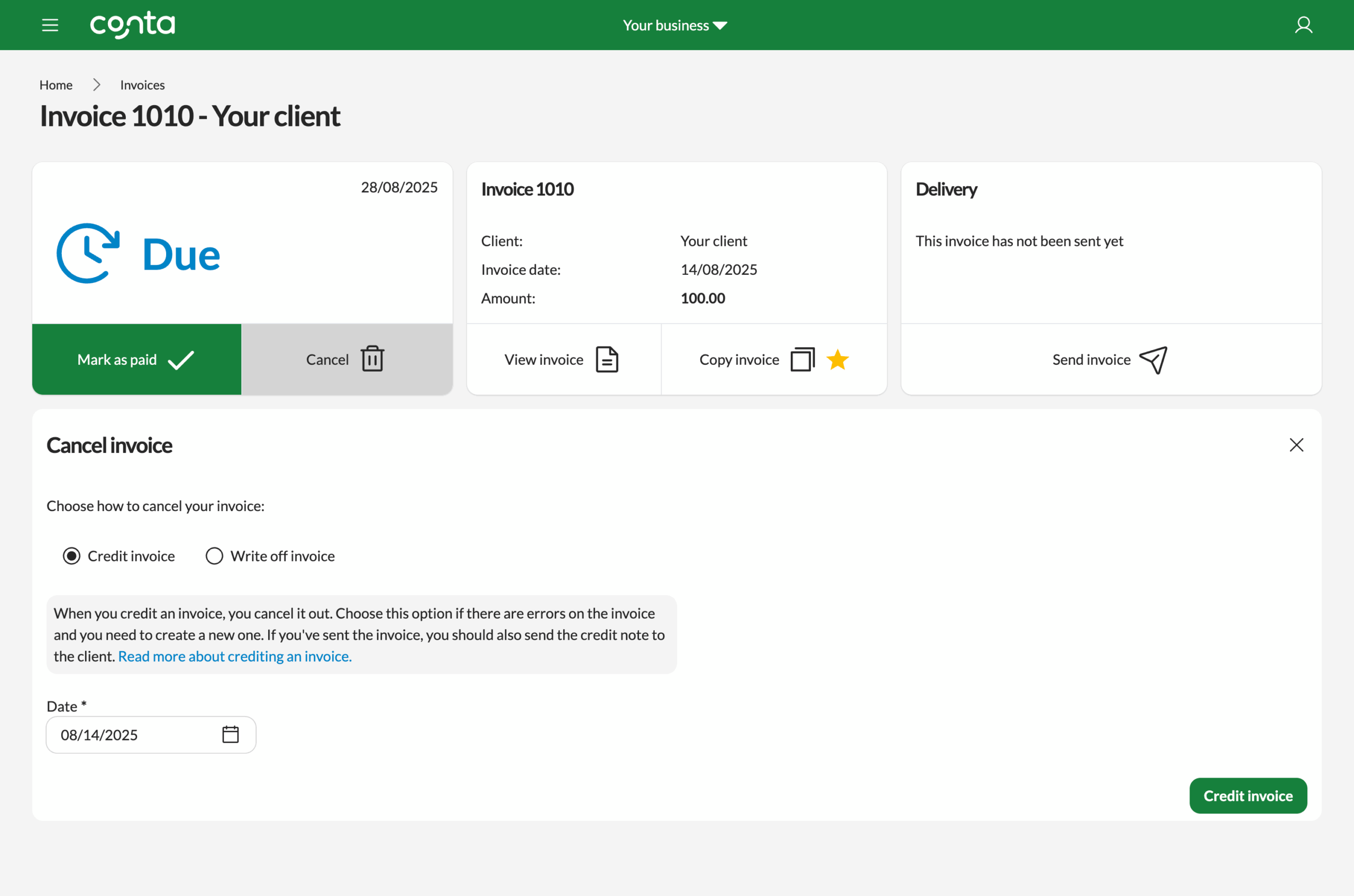 The invoice view in Conta, where you can credit the invoice