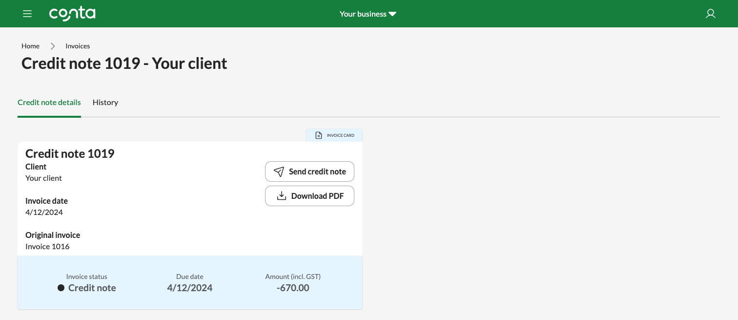 The credit note overview, where you can send the credit note and download as PDF.