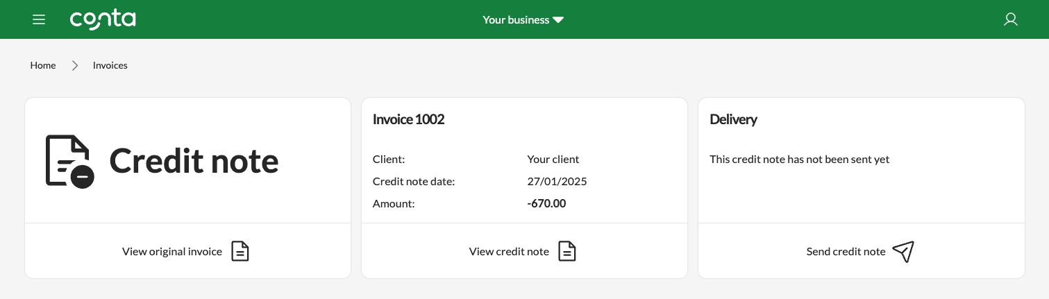 The credit note overview, where you can send the credit note and download as PDF.