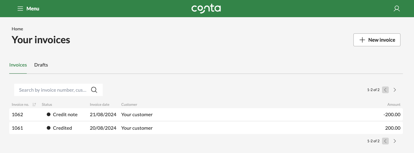 The invoice overview, showing a credited invoice and a credit note