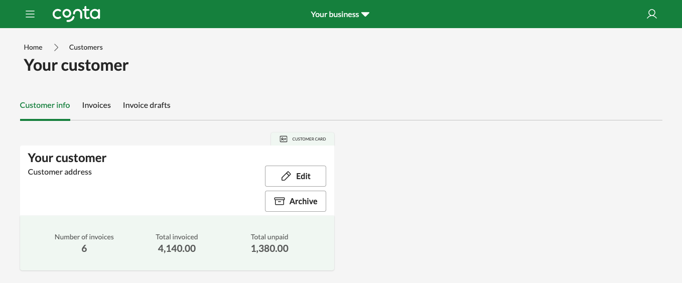 The customer view in Conta, showing a specific customer and the information you've added