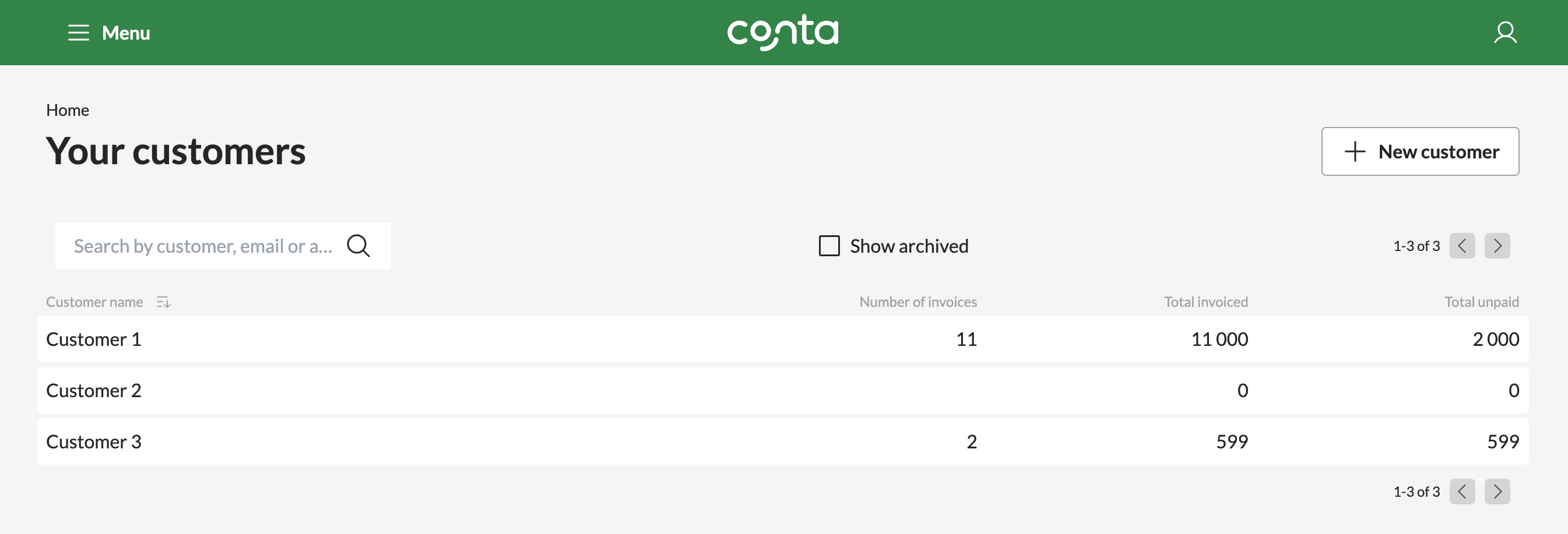 The customer register in Conta, showing all your customers and their information