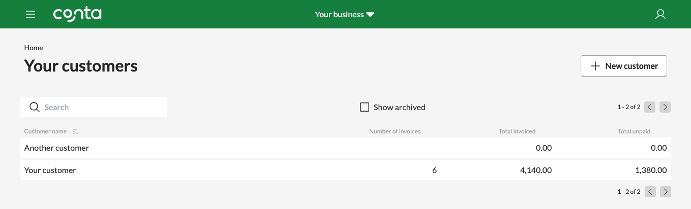 The customer register in Conta, showing all your customers and their information