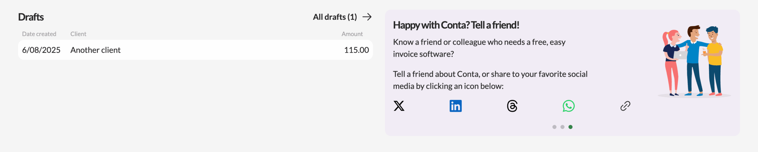The unpaid invoice section on the homepage where you can see all your drafts and go to your draft overview
