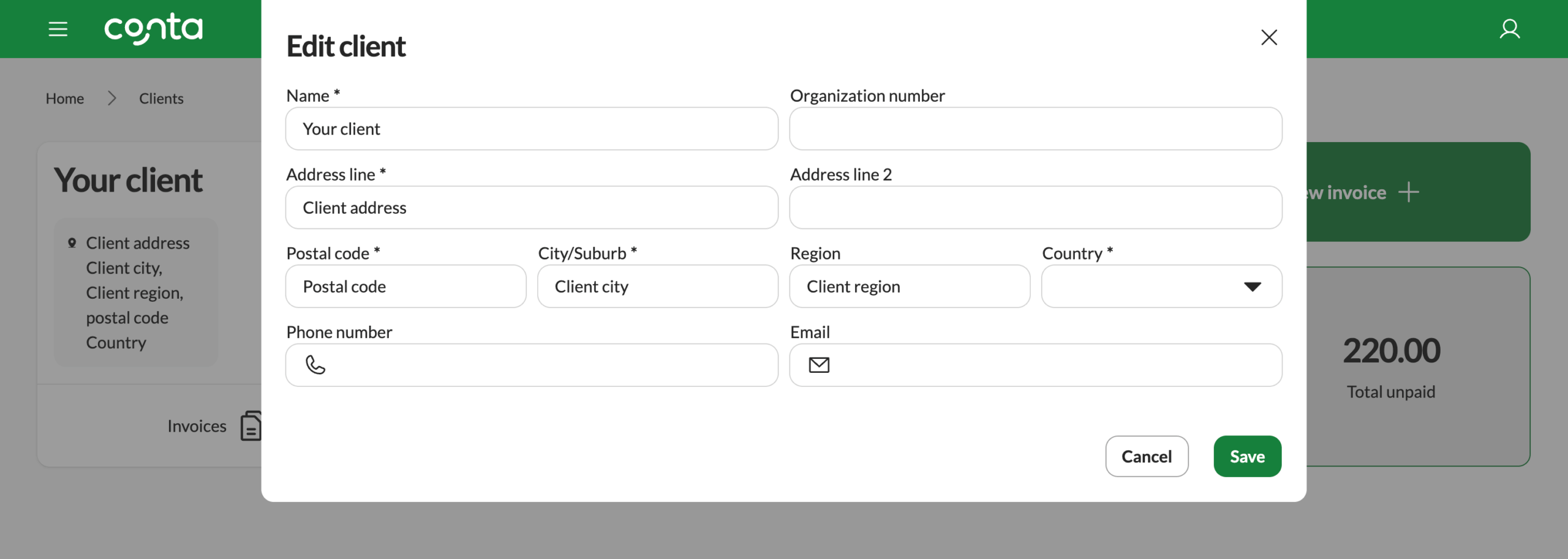 The edit client-page in Conta, where you can see and edit client information
