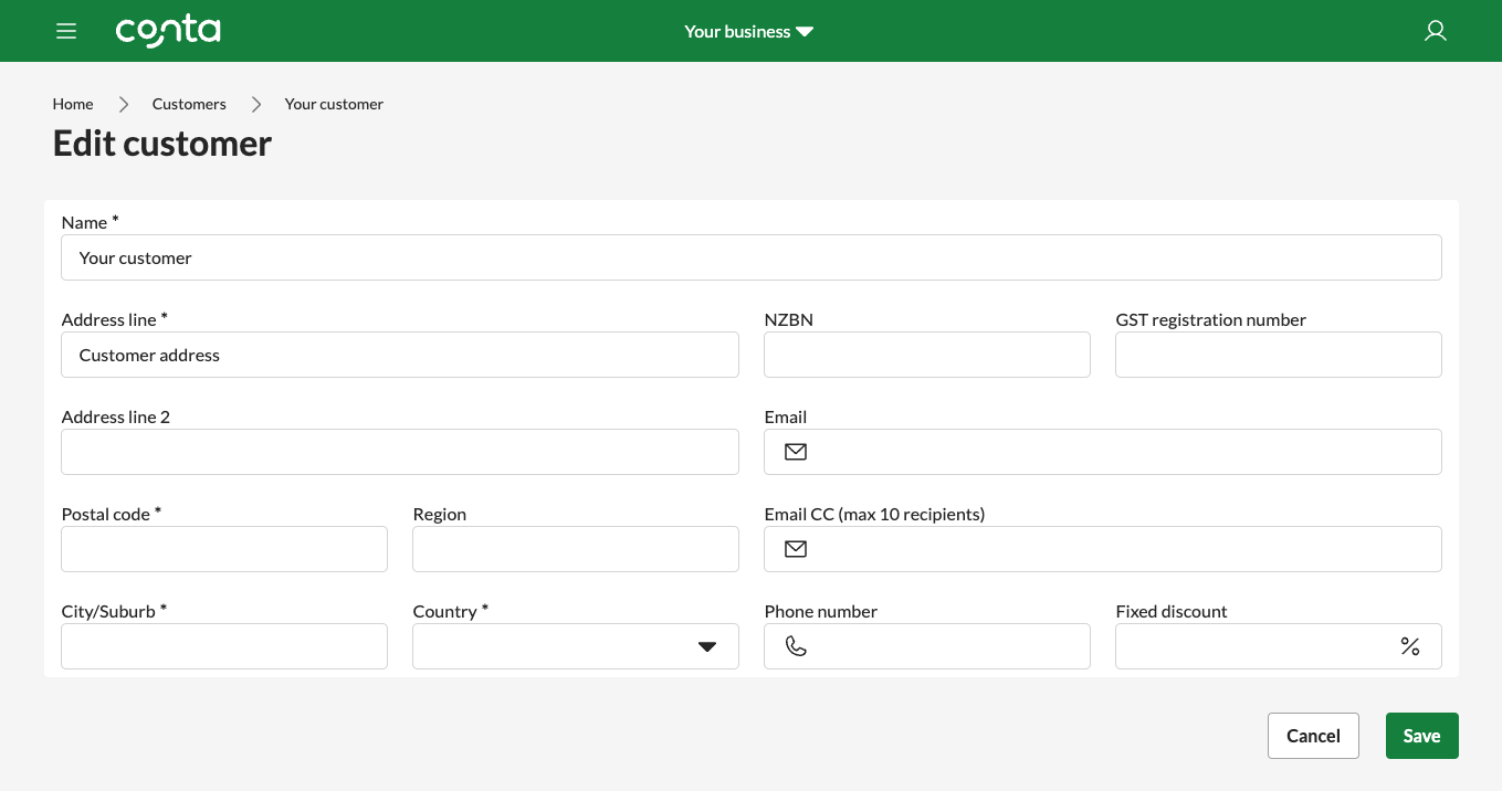 The edit customer-page in Conta, where you can see and edit customer information 