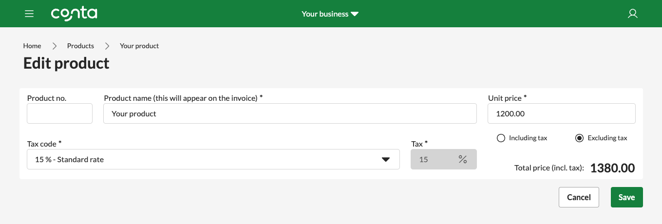 The edit product-page in Conta, where you can edit number, name, price and tax code