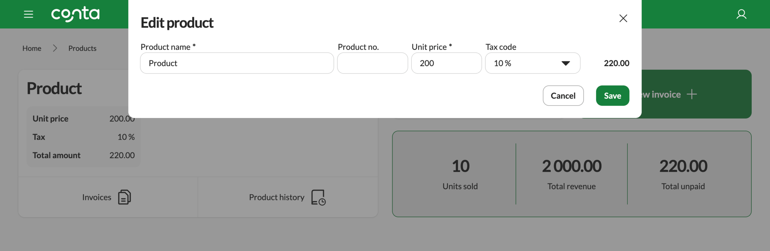 The edit product-page in Conta, where you can edit number, name, price and tax rate