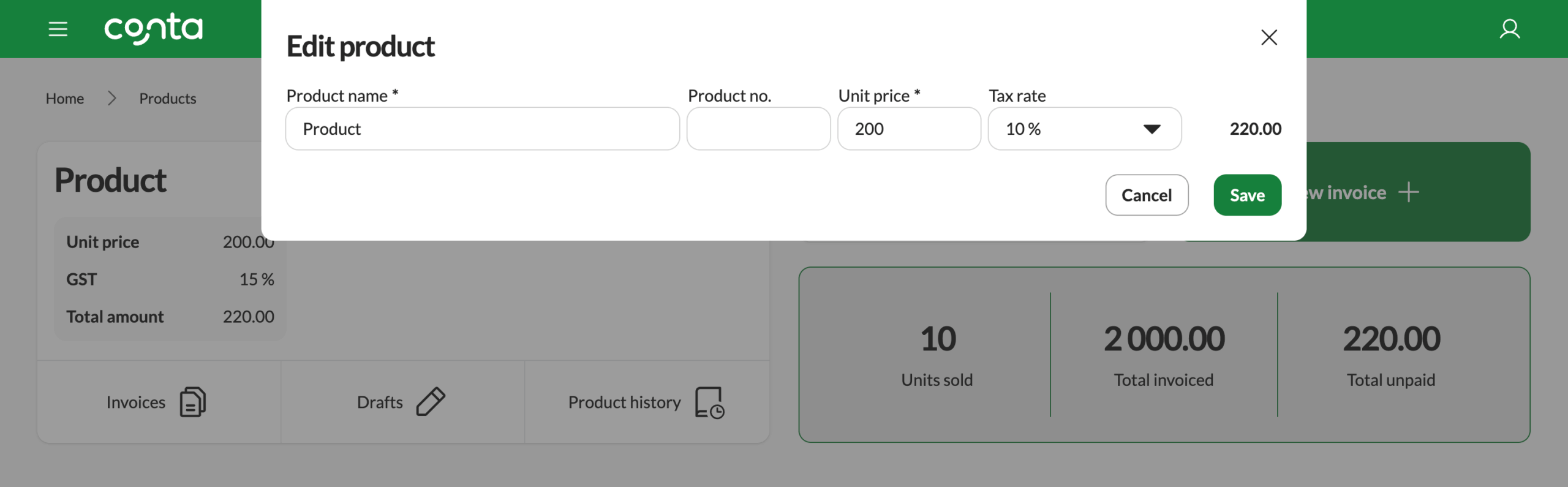 The edit product-page in Conta, where you can edit number, name, price and tax rate