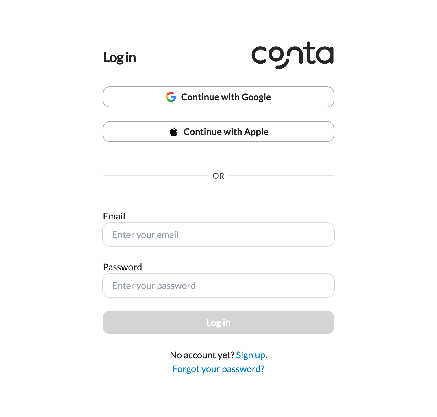 The log in page where you can log into Conta with Google, Apple or an email. 