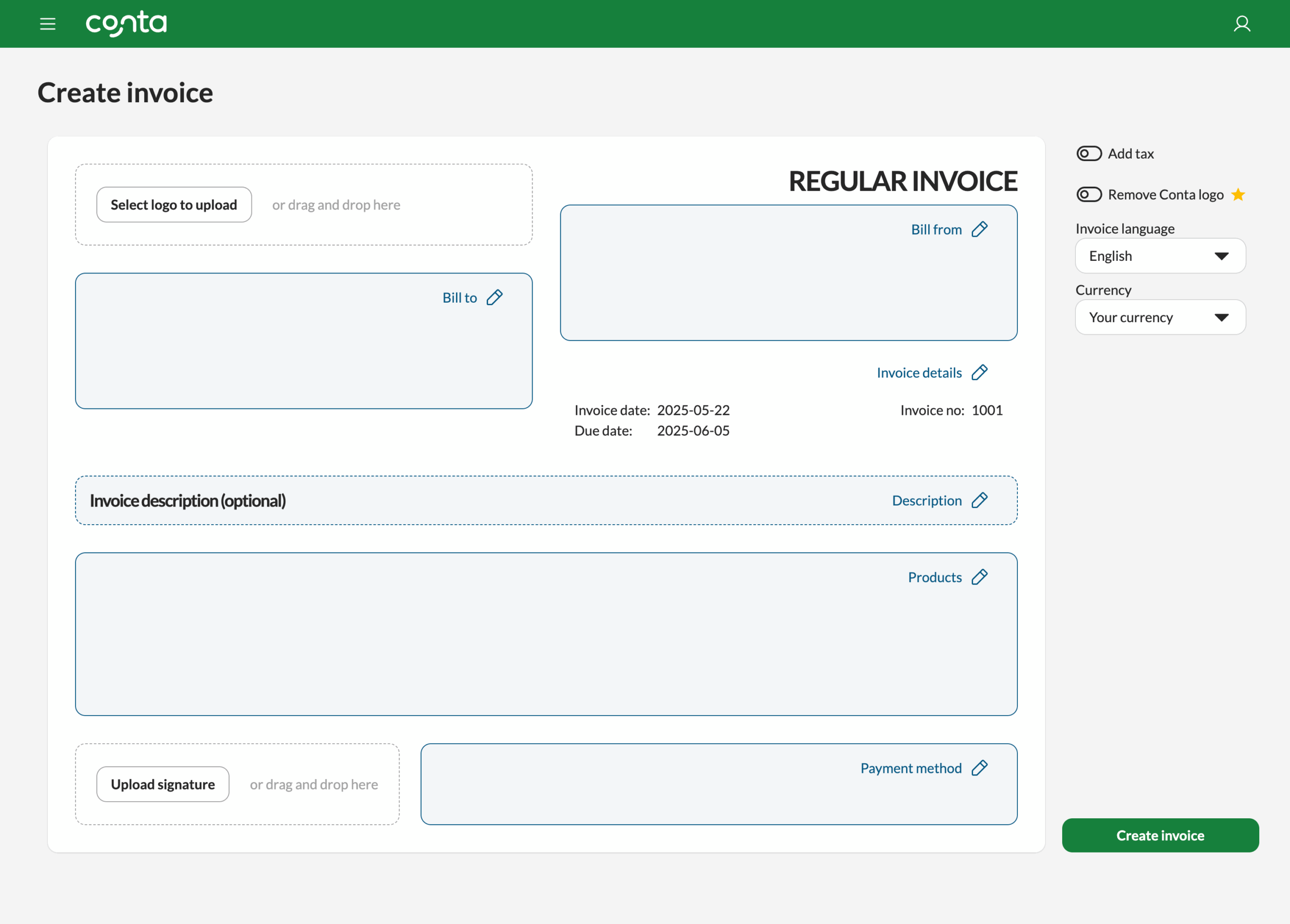 The invoice creator in Conta where you can create invoices for free