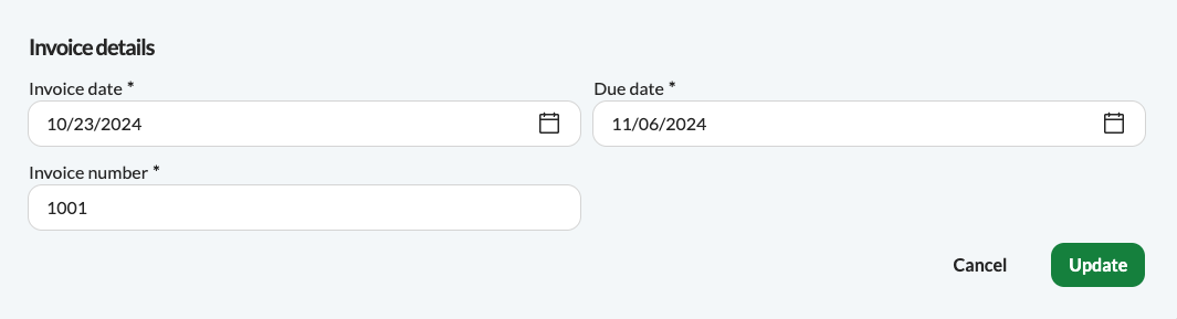 Fields showing invoice date, due date and invoice number