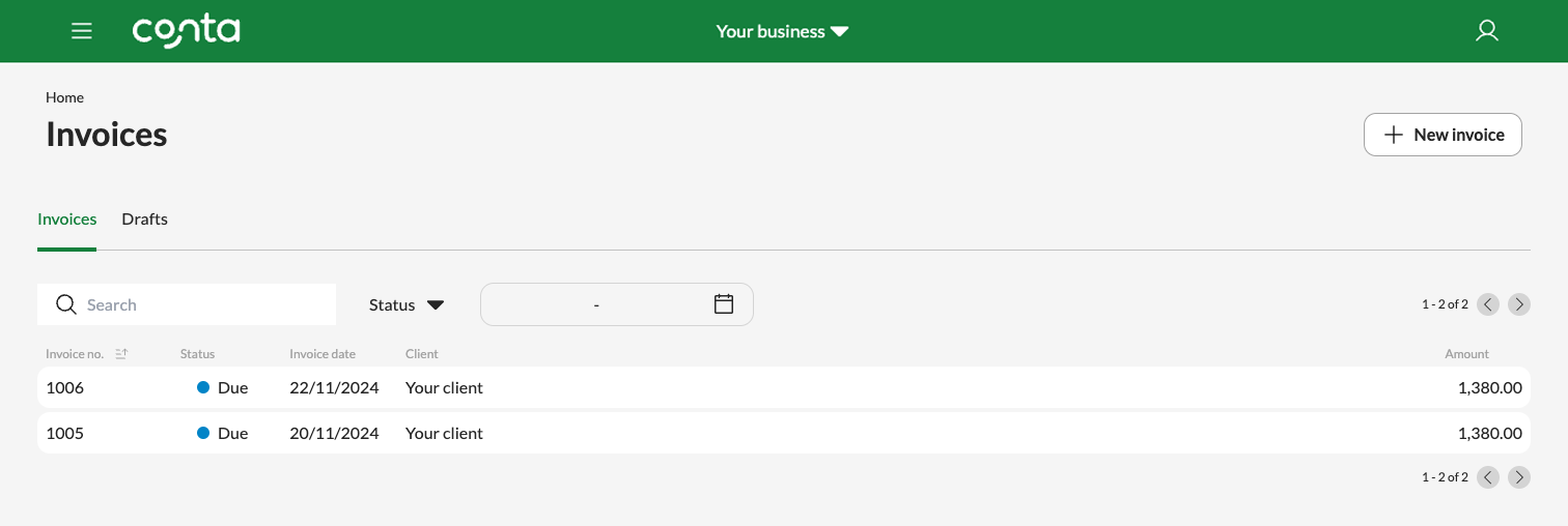 The invoice overview in Conta showing the invoice details