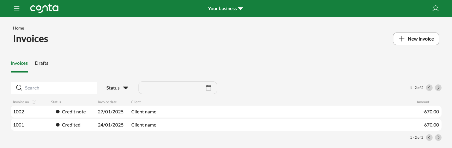 The invoice overview, showing a credited invoice and a credit note