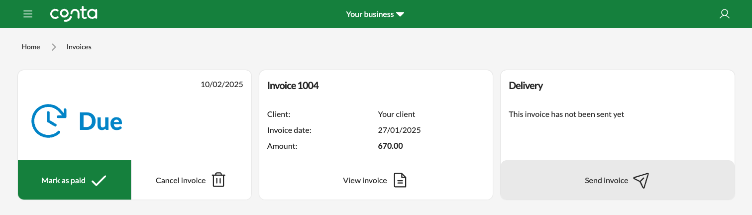 Invoice overview where you can send the invoice