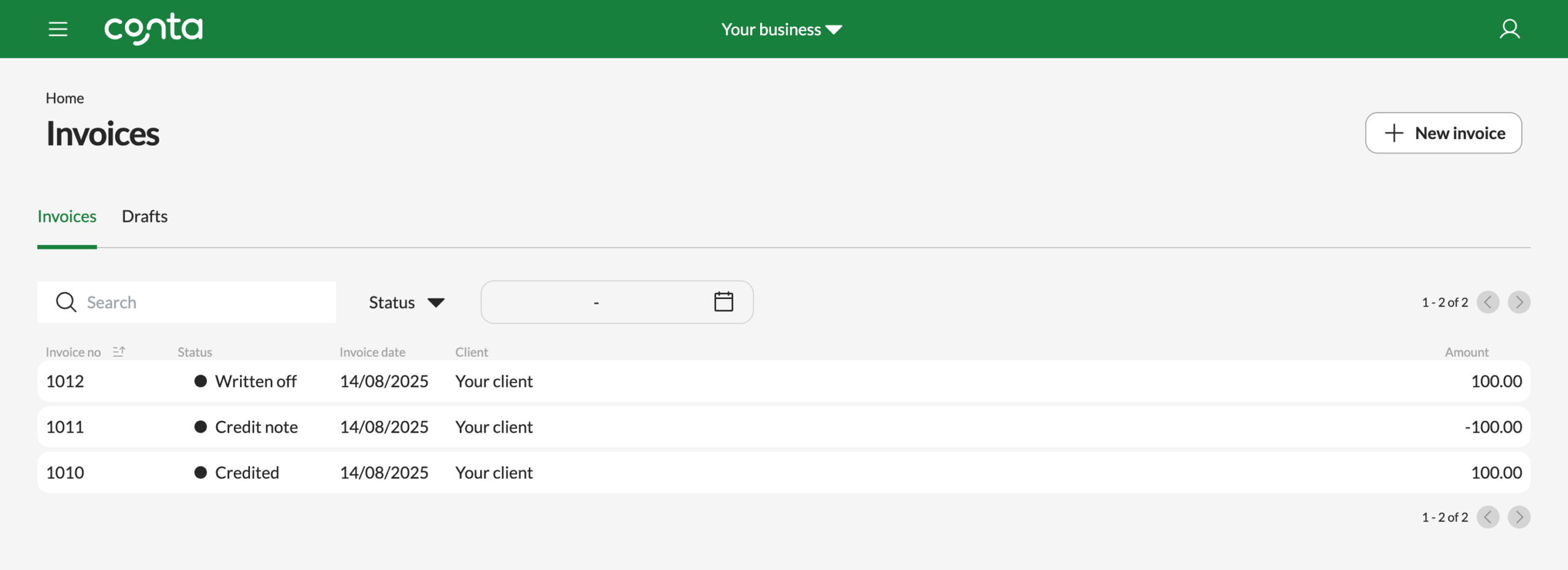 The invoice overview, showing a written off invoice.