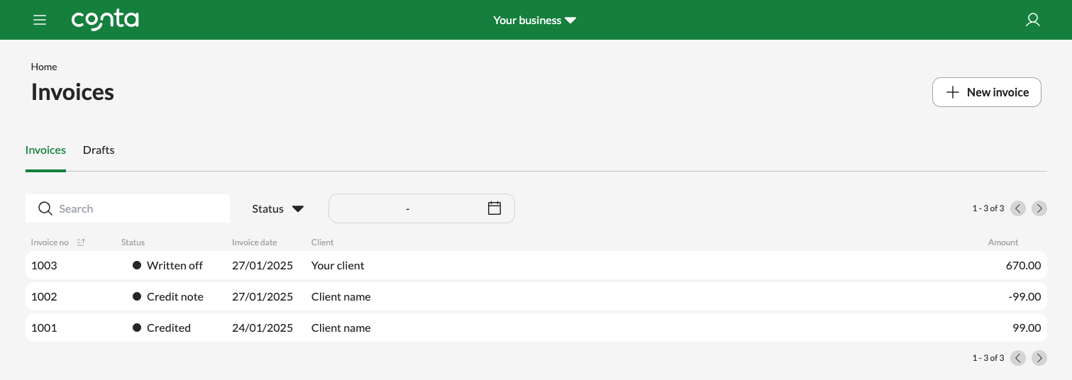 The invoice overview, showing a written off invoice.