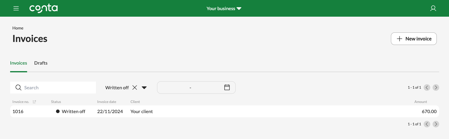 The invoice overview, showing a written off invoice.