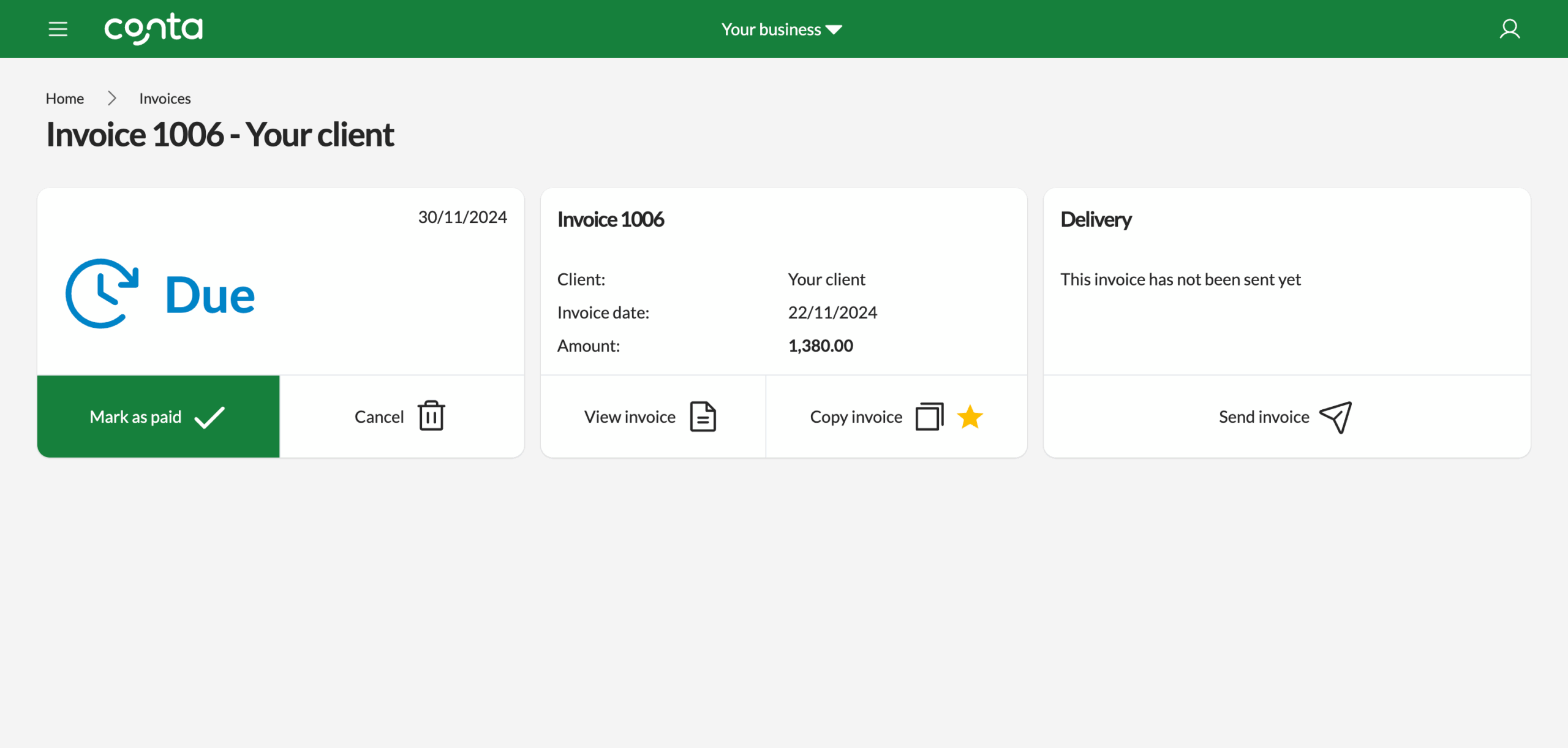 The invoice view, where you can mark your invoice as paid, cancel your invoice, view your invoice, and send your invoice.