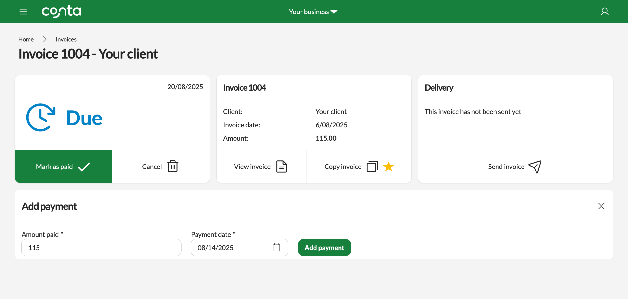 The invoice overview in Conta, where you can mark as paid, cancel the invoice, view and download the invoice, and send and resend the invoice