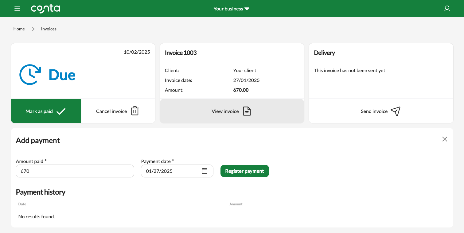 The invoice overview in Conta, where you can mark as paid, cancel the invoice, view and download the invoice, and send and resend the invoice