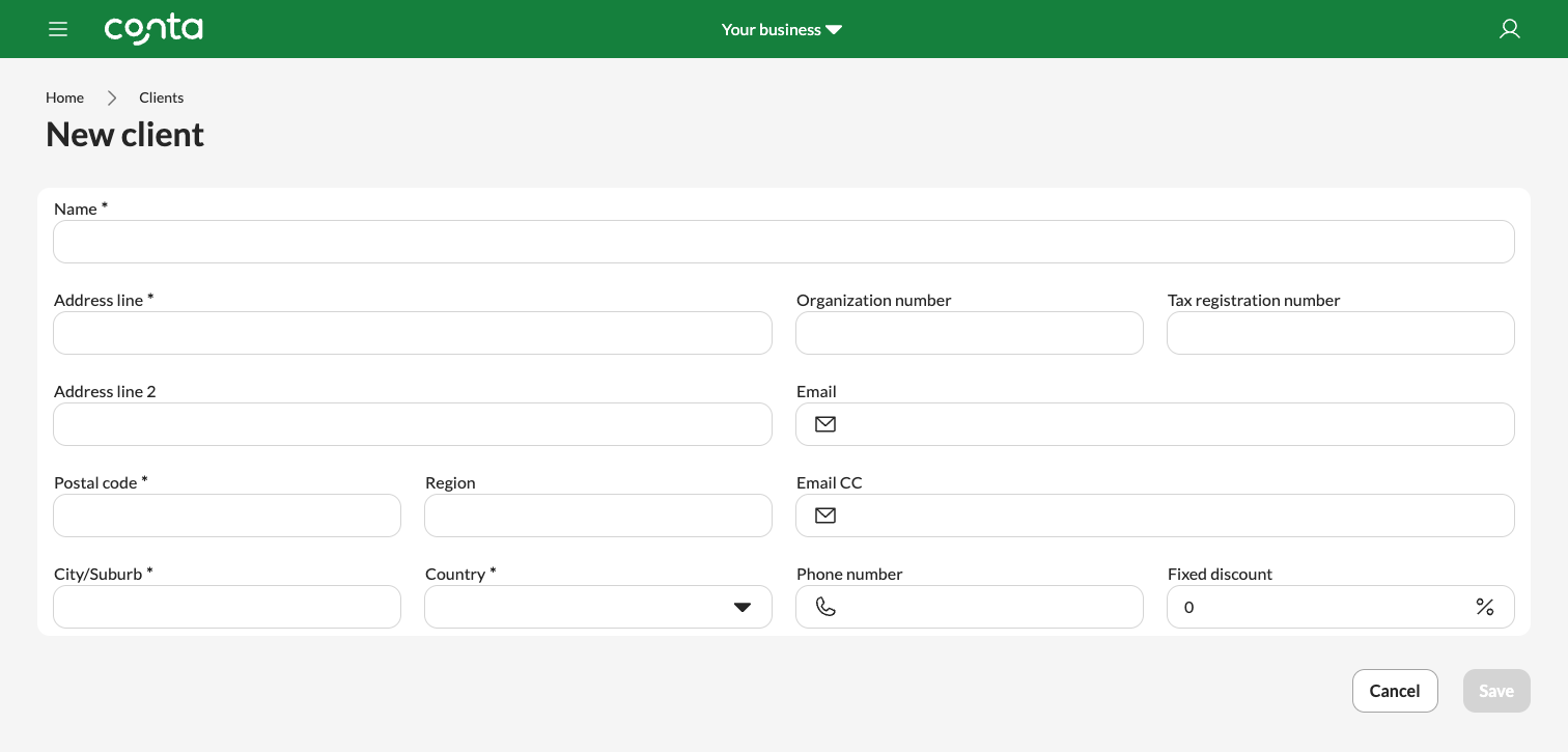 The new client-page in Conta, where you can add a client and save them to easily add to your invoices