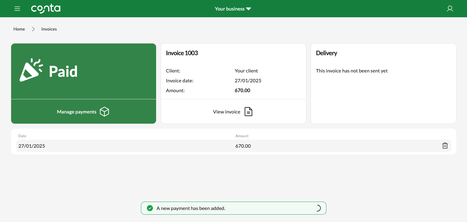 The invoice overview in Conta, showing that the invoice has been paid