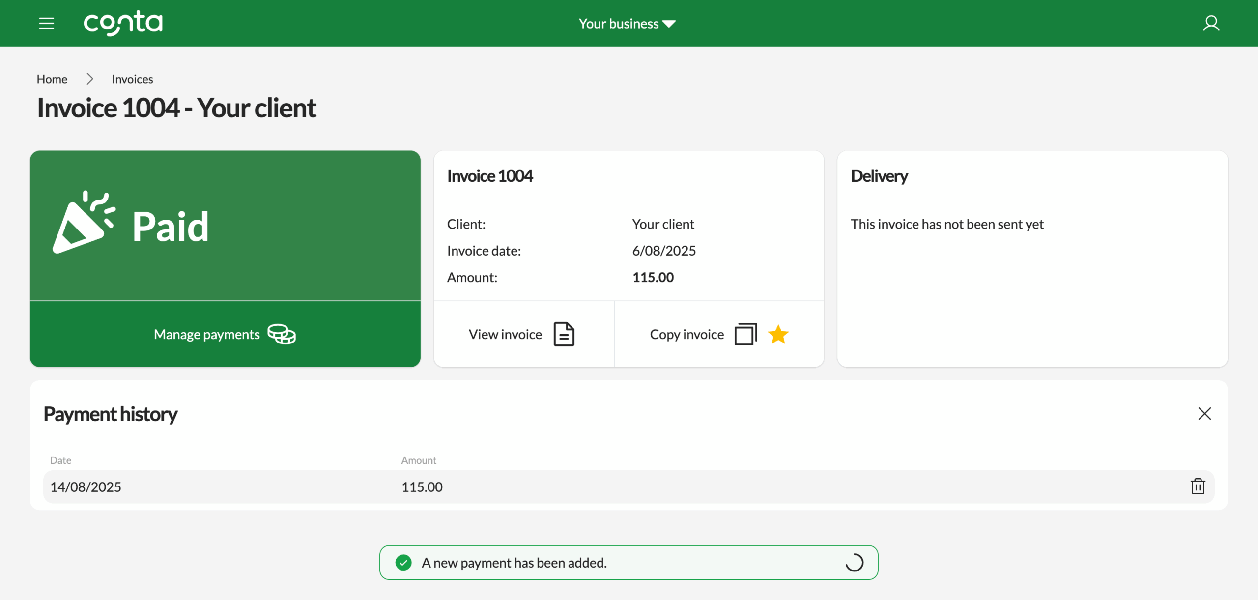 The invoice overview in Conta, showing that the invoice has been paid