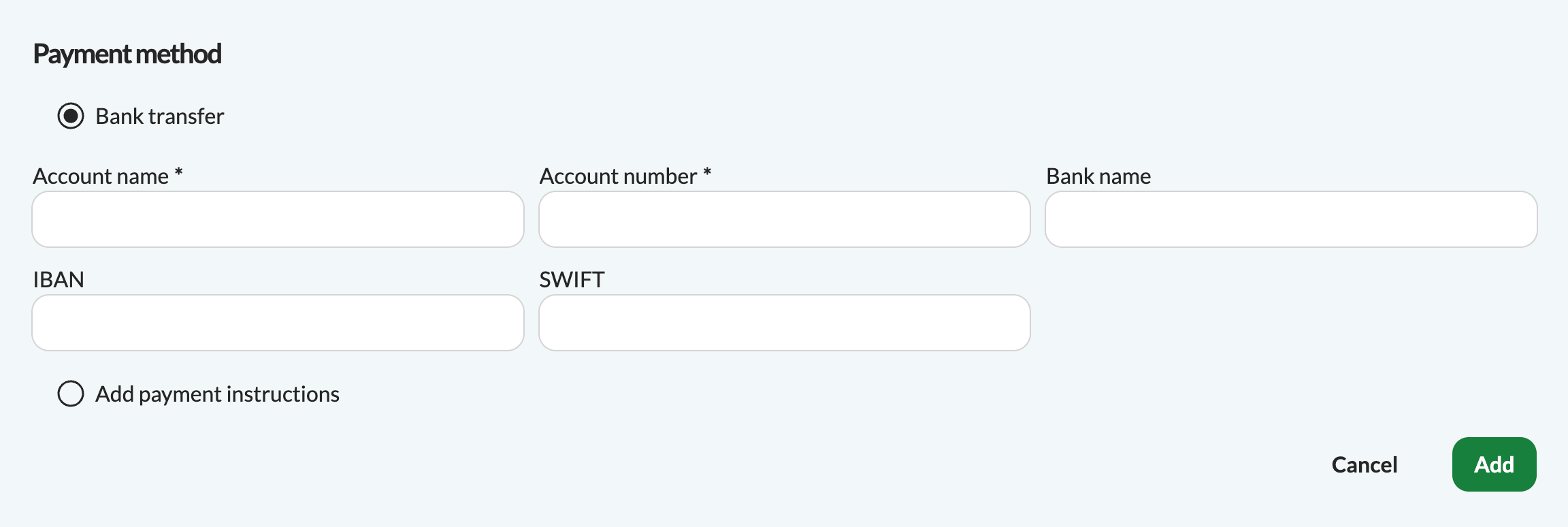 Fields showing account name, account number, bank name, IBAN, and SWIFT