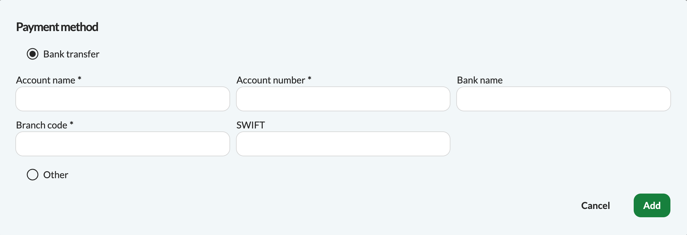 Fields showing account name, account number, bank name, branch code, and SWIFT