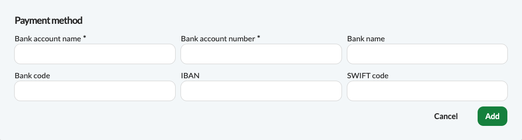 Fields showing bank account name, bank account number, bank name, bank code, IBAN and SWIFT